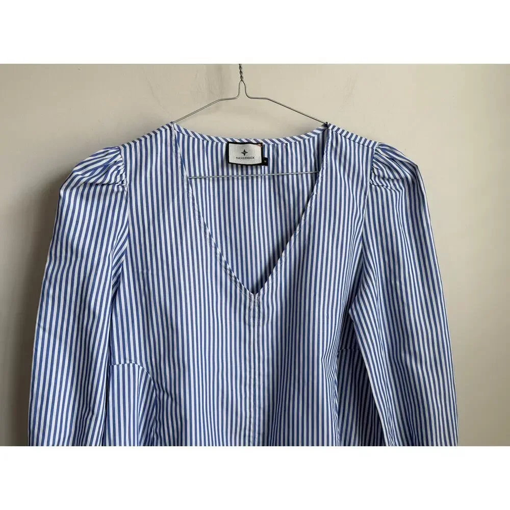 Tuckernuck Easton Stripe Long Sleeve V-Neck Blouse Blue White Women's Size M